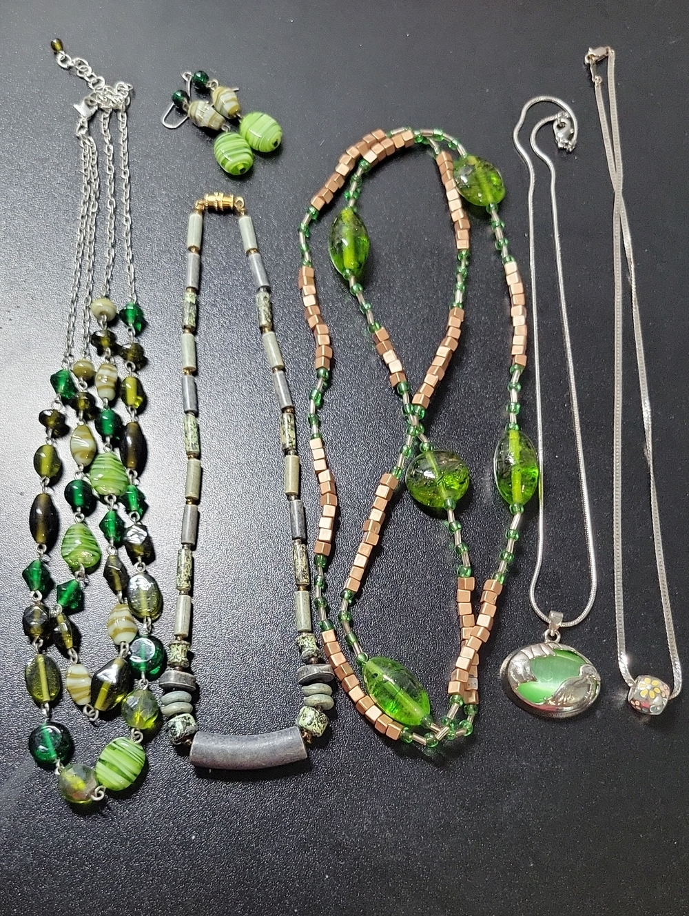 Green Glass Bead Necklace Lot